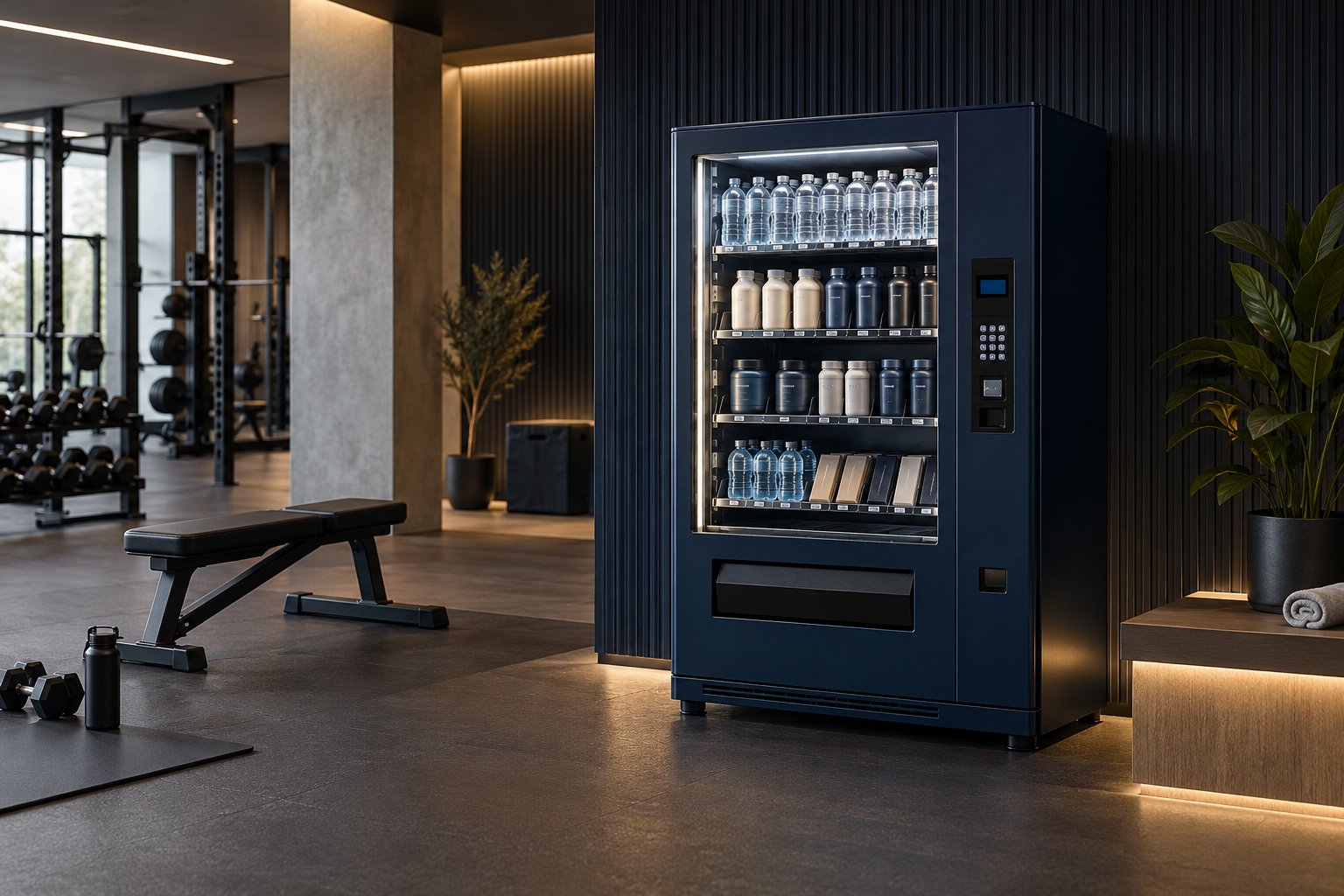 Illustrative fitness studio with cashless hydration and protein vending