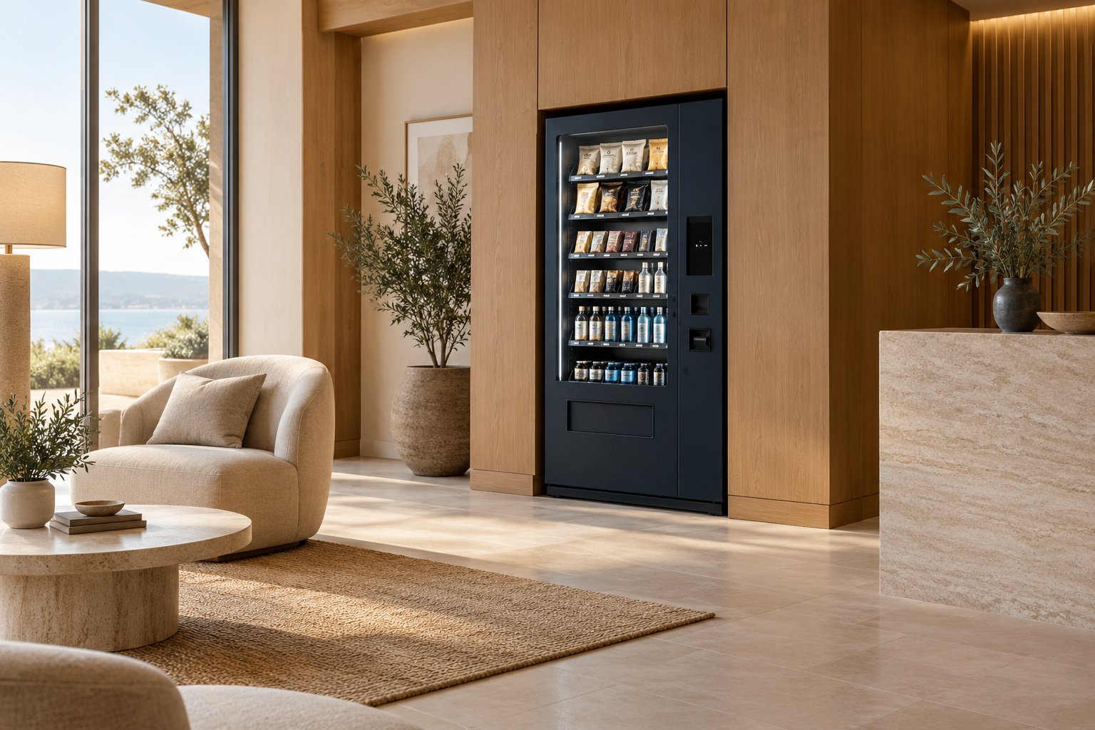 Illustrative vending concept integrated into a boutique hotel lounge