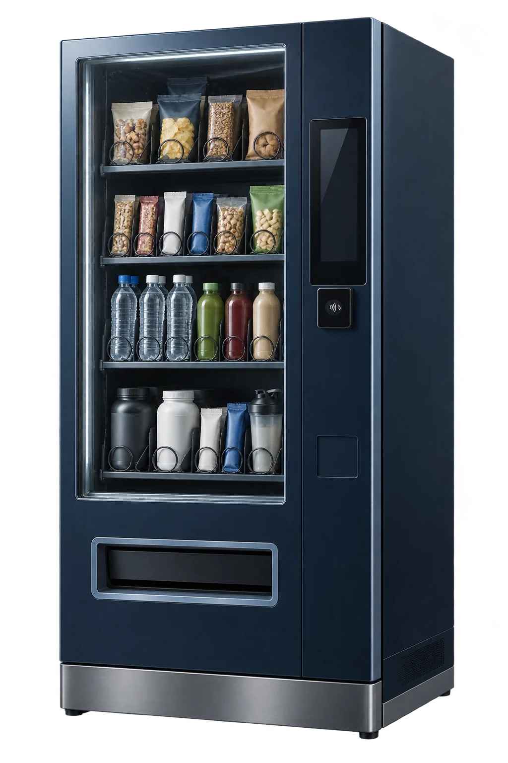 Illustrative navy cashless vending machine with snacks, drinks and a contactless reader