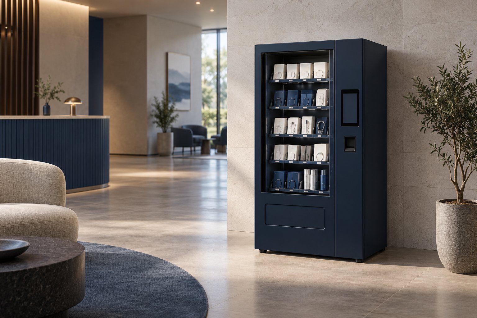 Illustrative compact specialist vending machine in a leisure reception